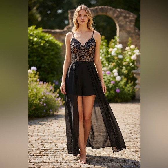 Selfie Leslie Dresses & Skirts - Selfie Leslie Elegant Black and Gold High Low Dress